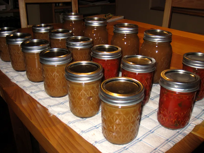 Rows of sealed home-canned jars cooling on a kitchen towel after water-bath processing