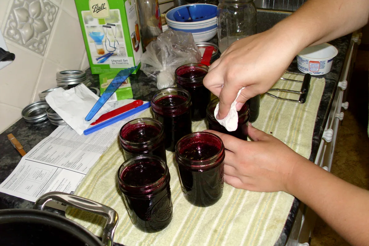 Open jars of deep purple blueberry jam being wiped clean before lids go on for canning