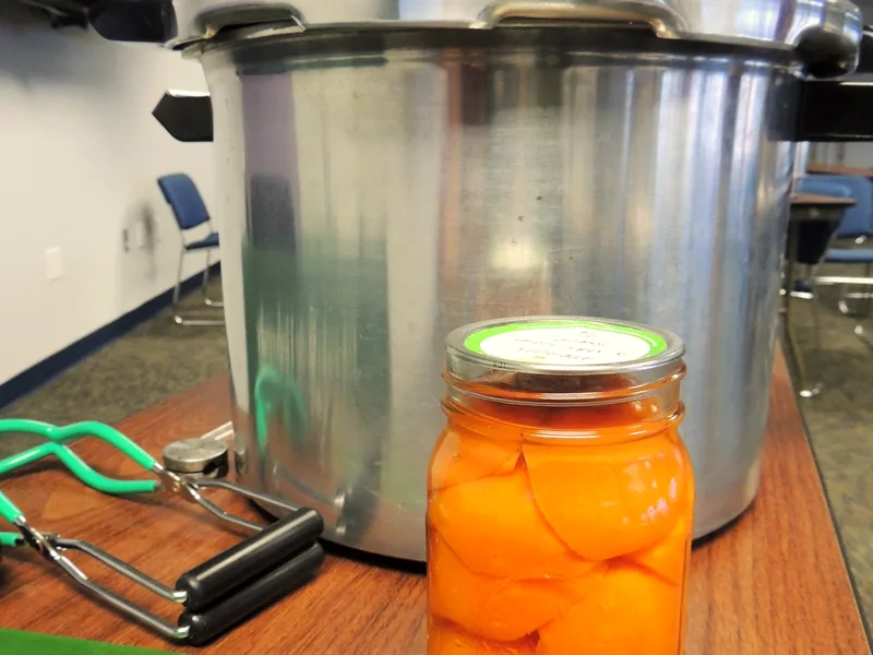 Sealed jar of golden canned apricot halves in light syrup in front of a canner, jar lifter beside it