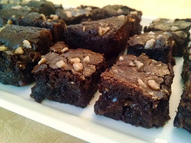 Easy salted caramel brownies with fudgy centers, caramel swirls and flaky sea salt