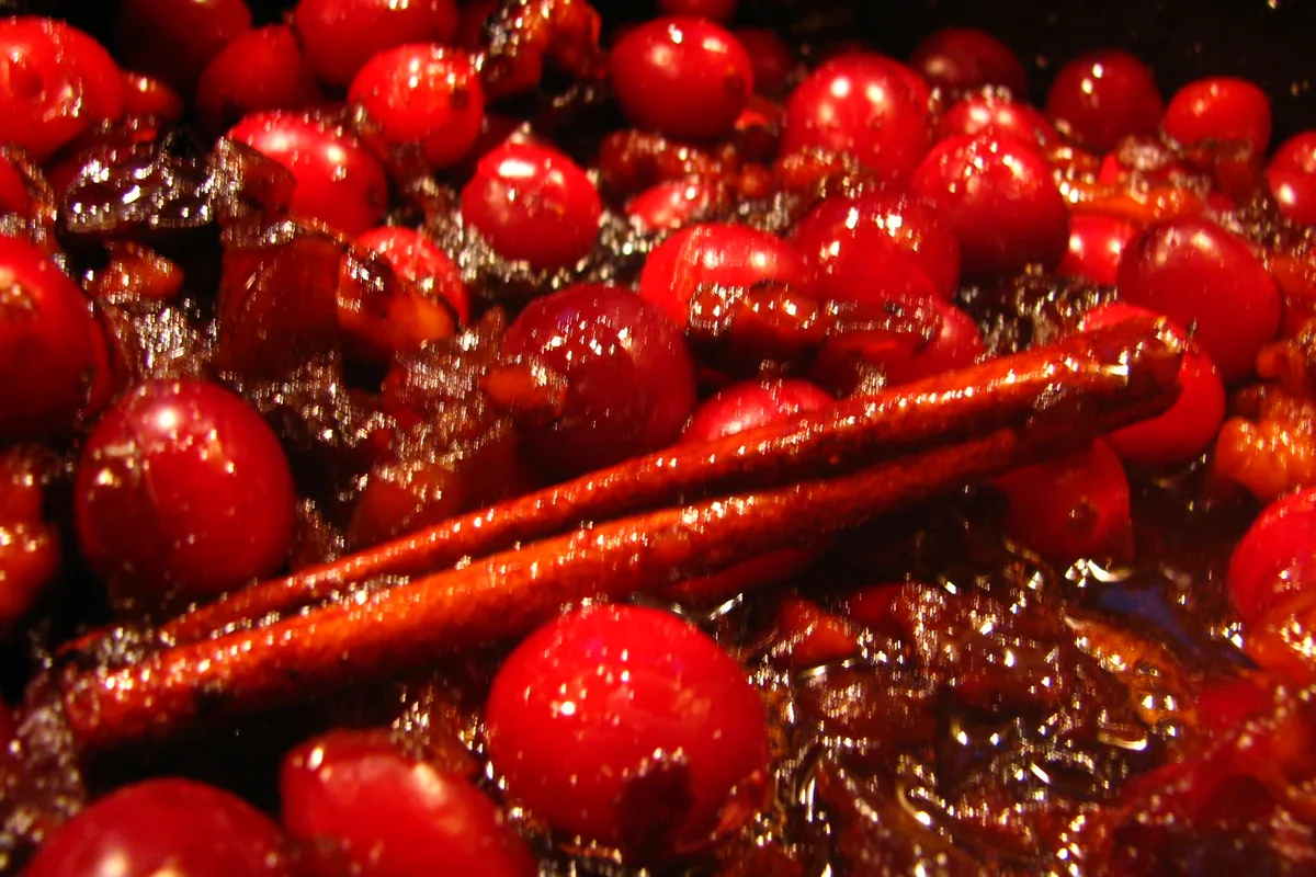 Whole glossy cranberries simmering in dark spiced chutney with a cinnamon stick in the pot