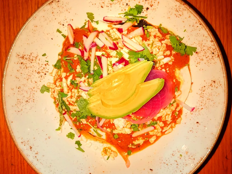 A plate of huevos rancheros with red ranchero sauce, crumbled cheese, sliced radish, cilantro, pickled red onion and avocado slices on a speckled plate