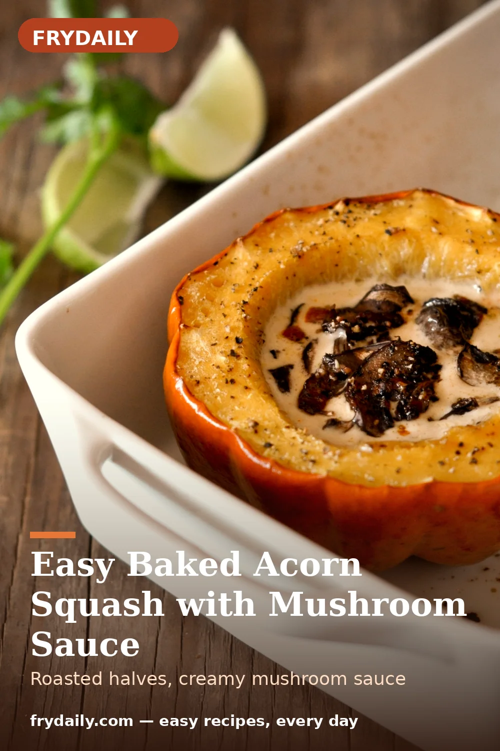 Pinterest pin: Easy Baked Acorn Squash with Mushroom Sauce recipe from FryDaily