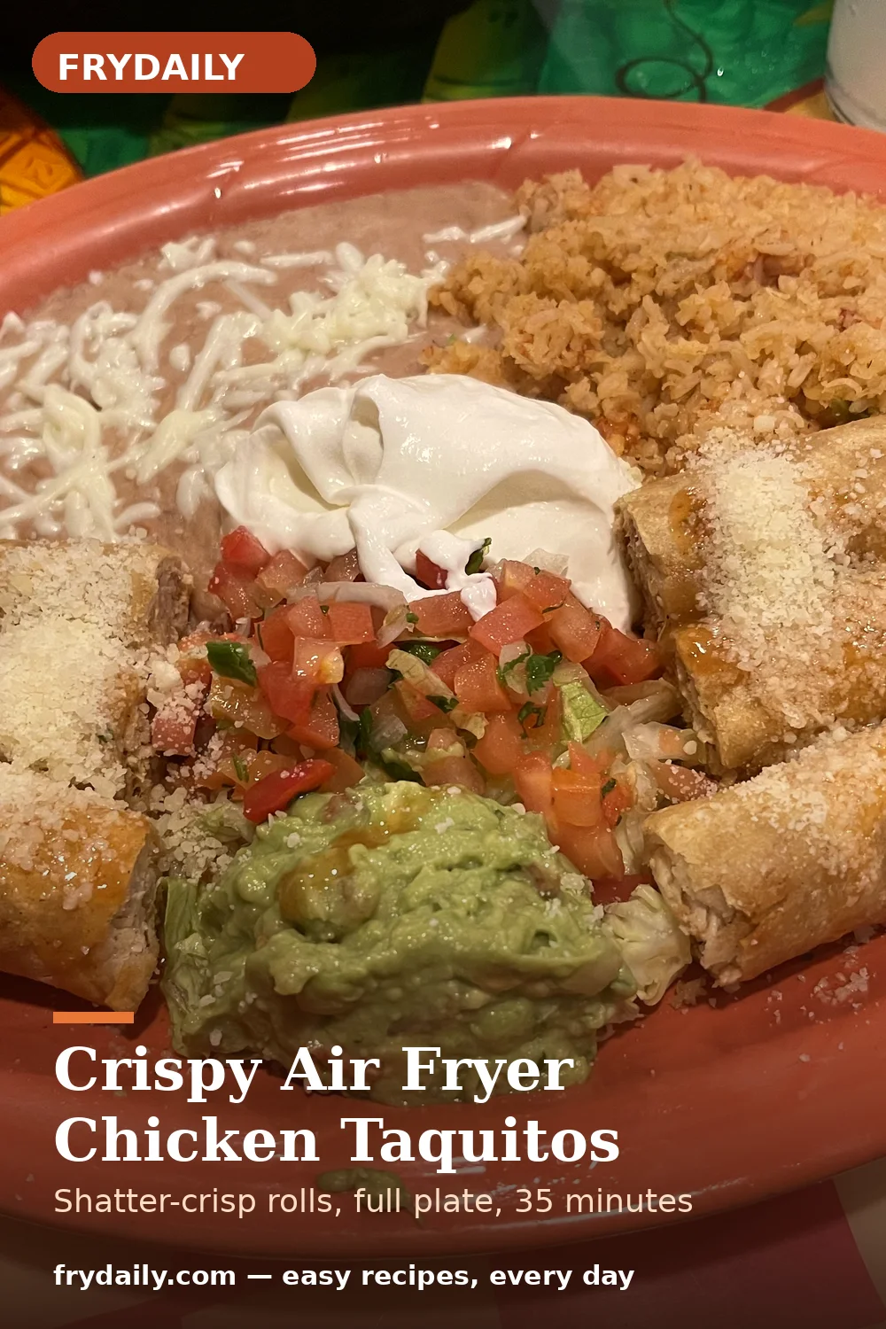 Pinterest pin: Crispy Air Fryer Chicken Taquitos recipe from FryDaily