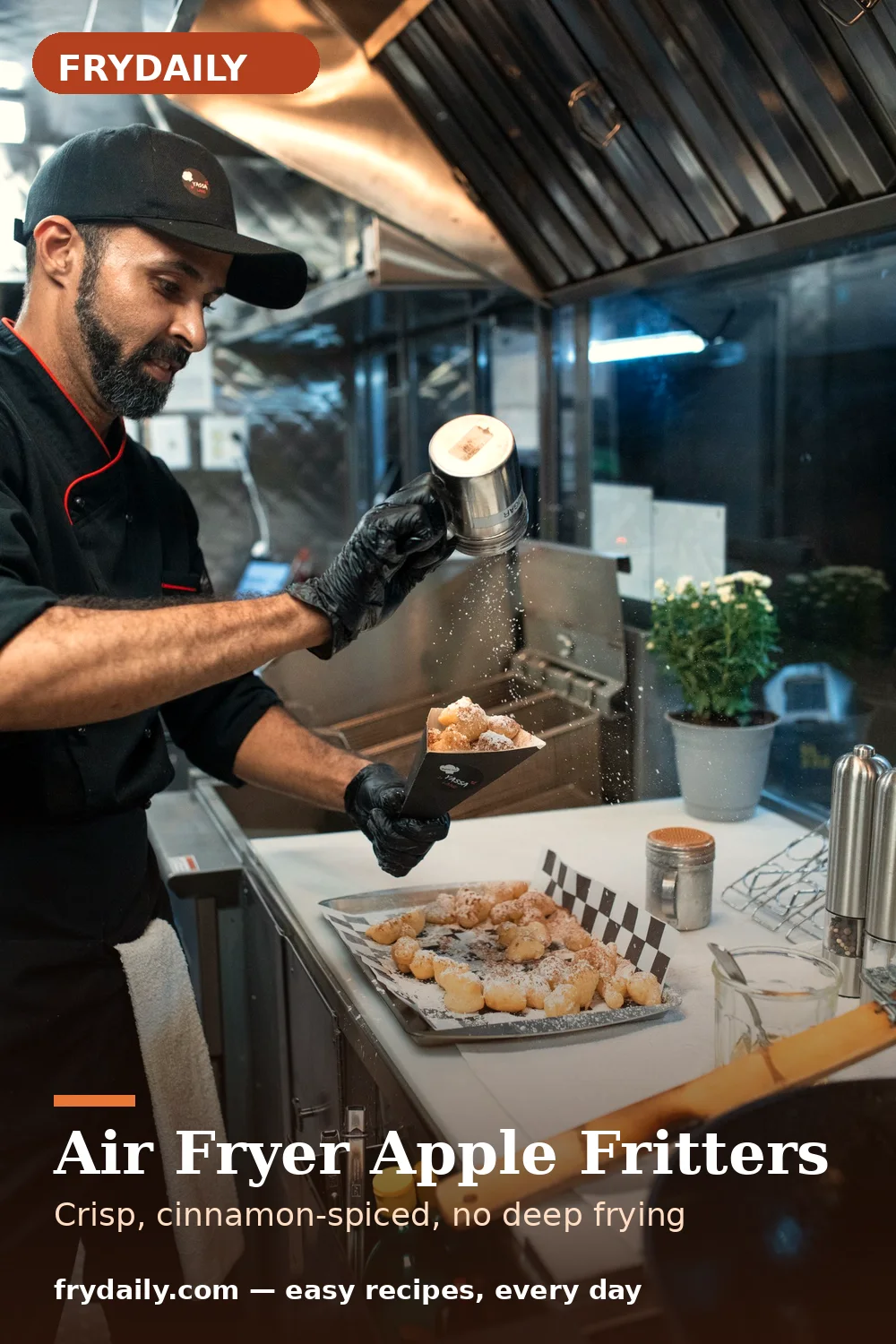 Pinterest pin: Air Fryer Apple Fritters recipe from FryDaily