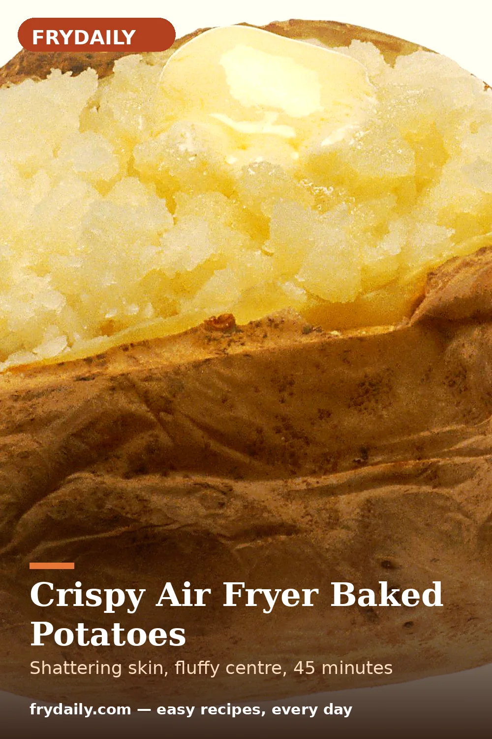 Pinterest pin: Crispy Air Fryer Baked Potatoes recipe from FryDaily
