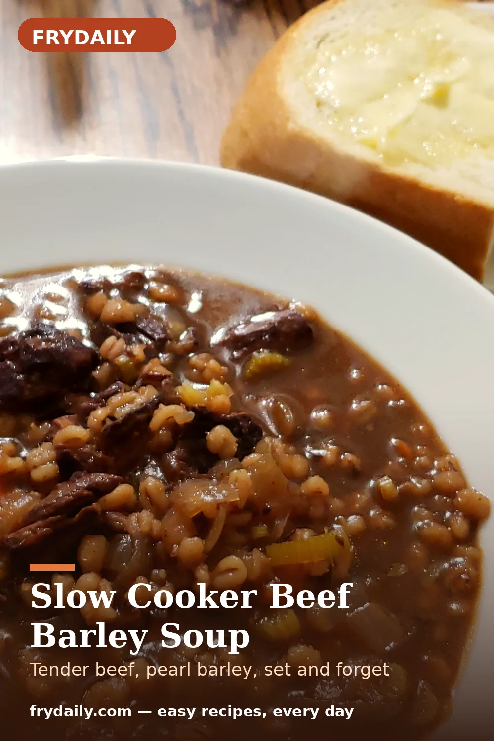 Pinterest pin: Slow Cooker Beef Barley Soup recipe from FryDaily