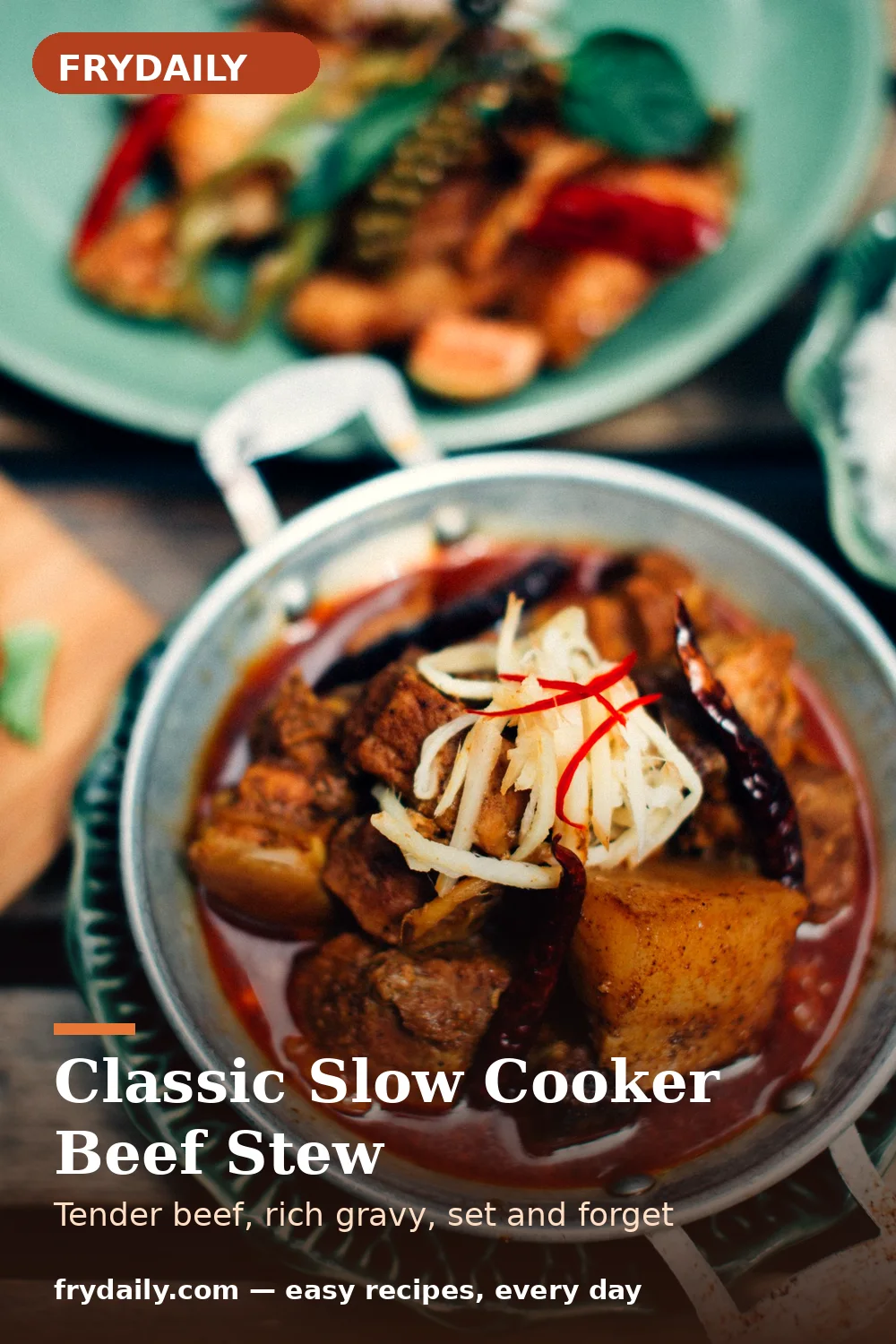 Pinterest pin: Classic Slow Cooker Beef Stew recipe from FryDaily