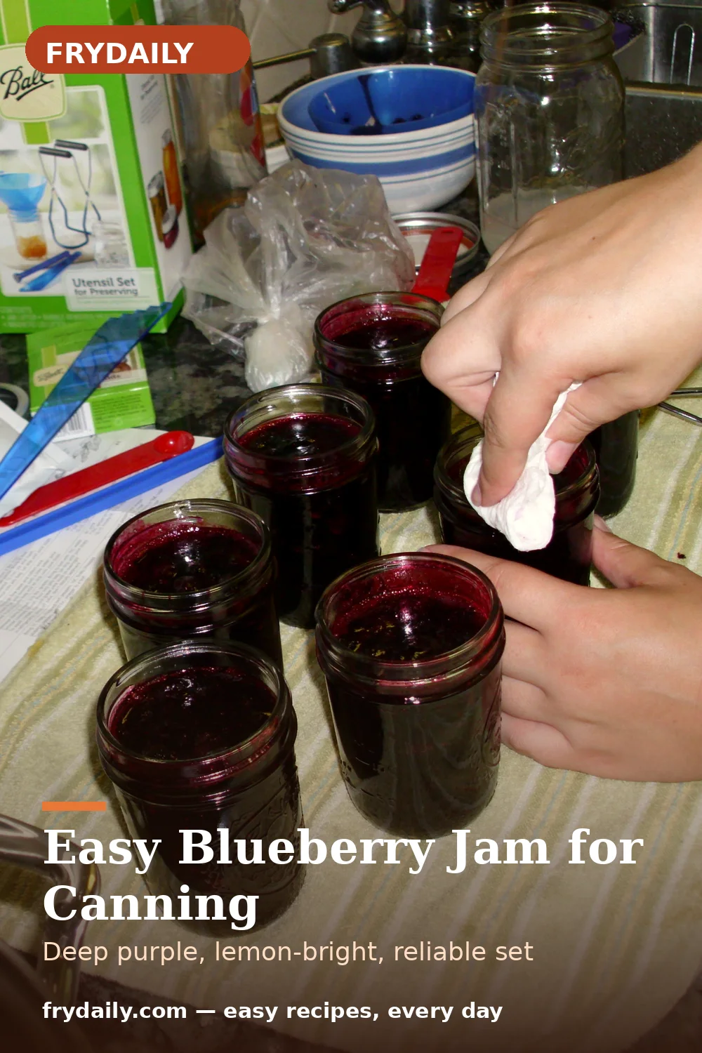 Pinterest pin: Easy Blueberry Jam for Canning recipe from FryDaily