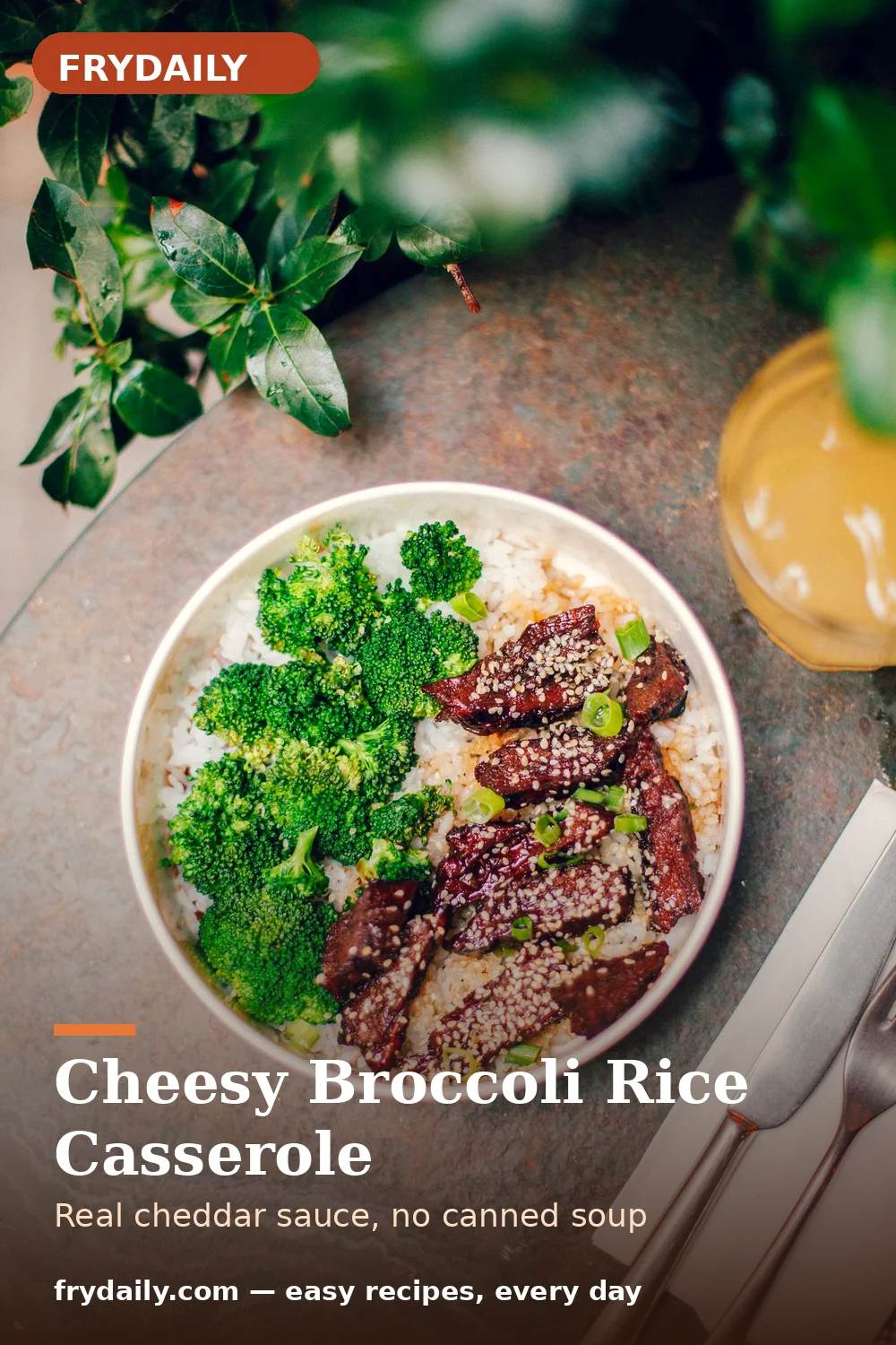 Pinterest pin: Cheesy Broccoli Rice Casserole recipe from FryDaily