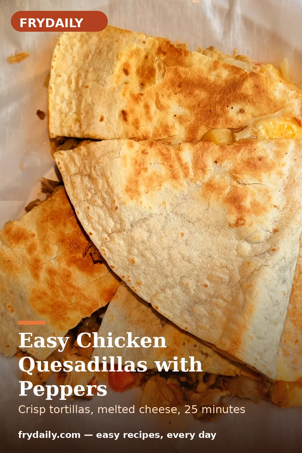 Pinterest pin: Easy Chicken Quesadillas with Peppers recipe from FryDaily