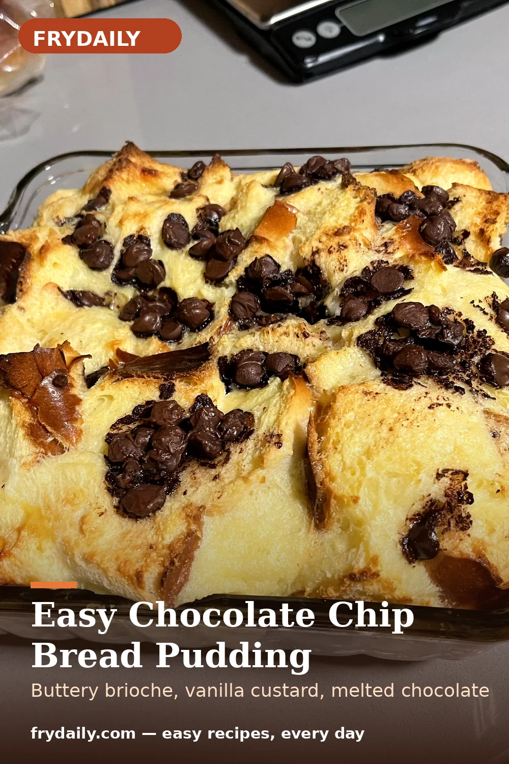 Pinterest pin: Easy Chocolate Chip Bread Pudding recipe from FryDaily