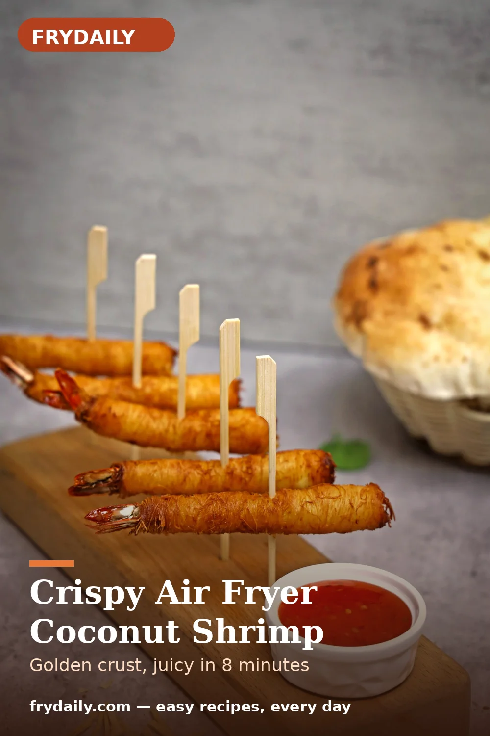 Pinterest pin: Crispy Air Fryer Coconut Shrimp recipe from FryDaily