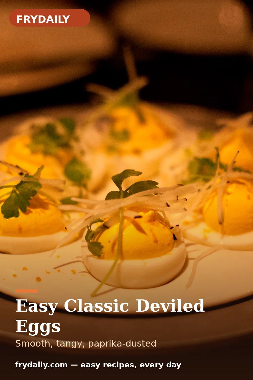 Pinterest pin: Easy Classic Deviled Eggs recipe from FryDaily