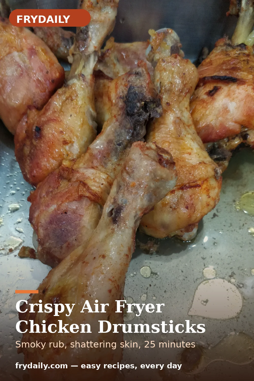 Pinterest pin: Crispy Air Fryer Chicken Drumsticks recipe from FryDaily