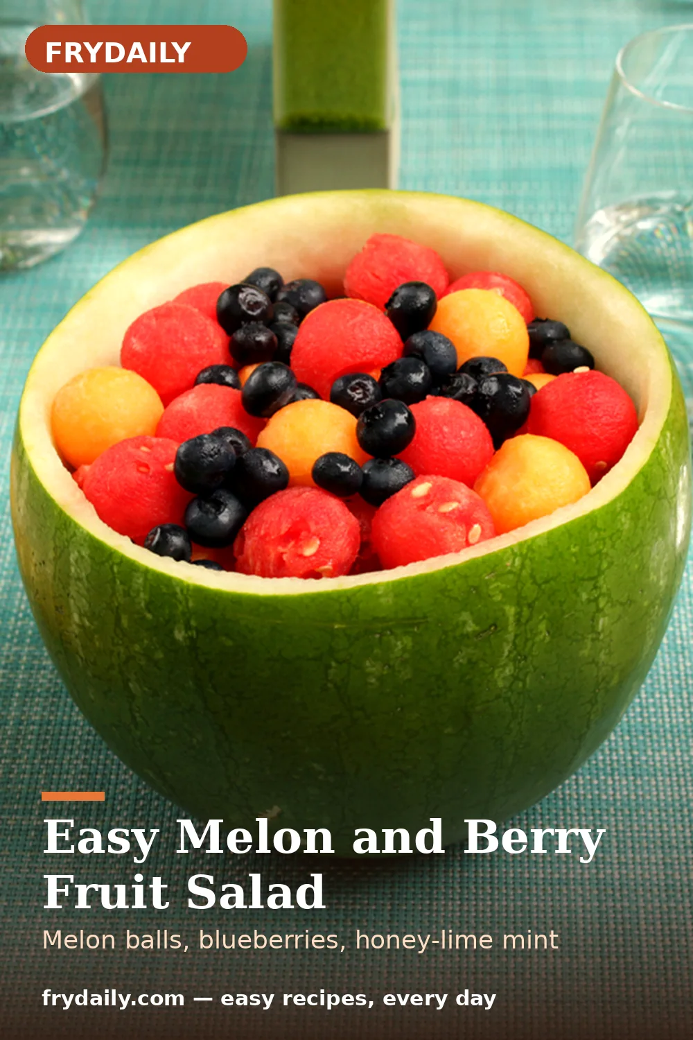 Pinterest pin: Easy Melon and Berry Fruit Salad recipe from FryDaily