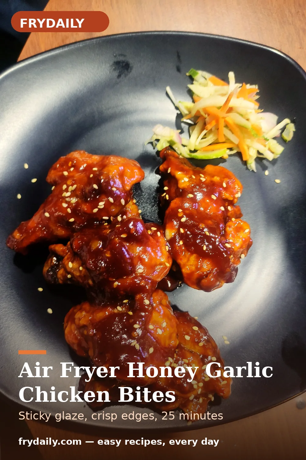 Pinterest pin: Air Fryer Honey Garlic Chicken Bites recipe from FryDaily