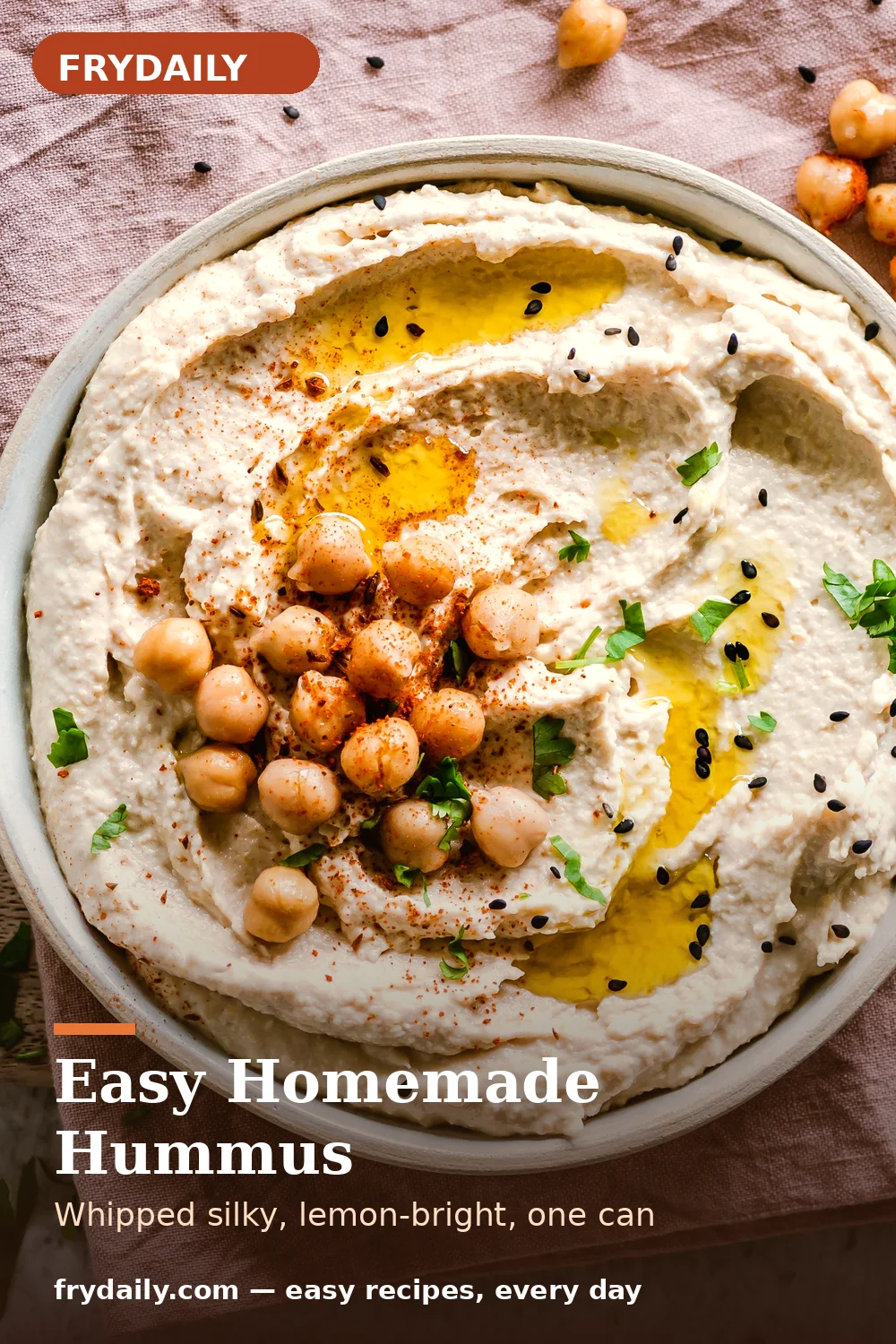 Pinterest pin: Easy Homemade Hummus recipe from FryDaily