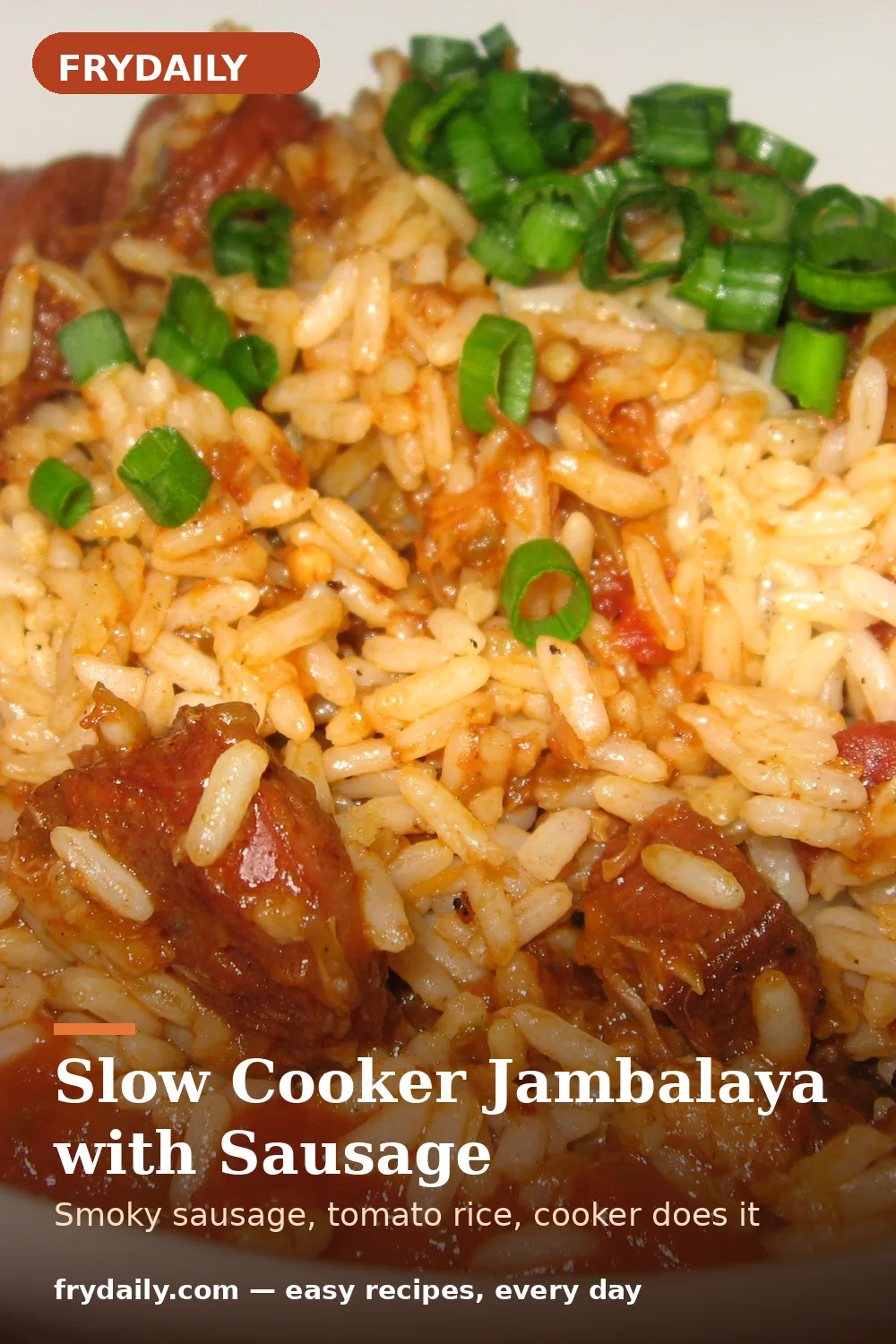 Pinterest pin: Slow Cooker Jambalaya with Sausage recipe from FryDaily