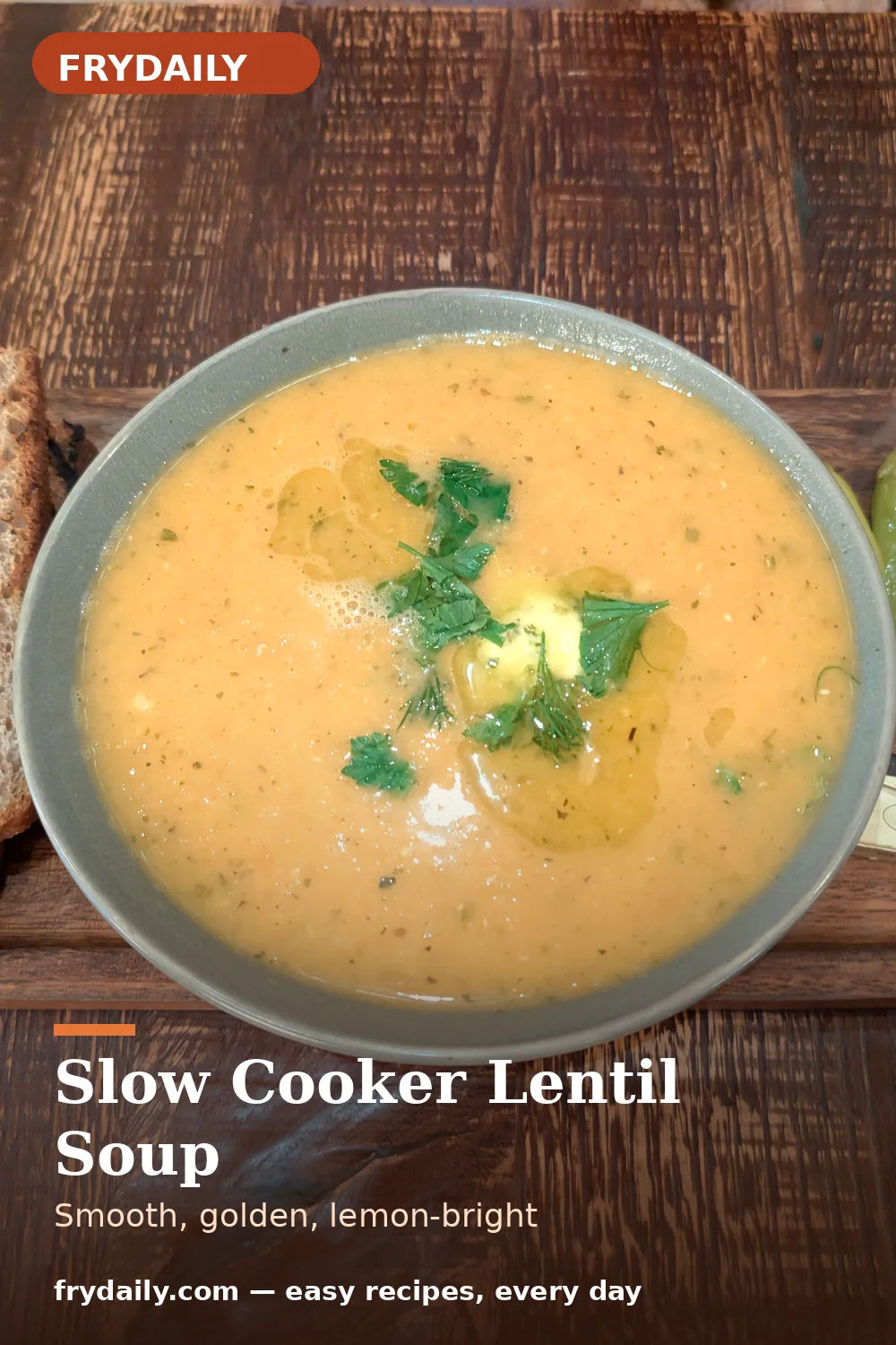 Pinterest pin: Slow Cooker Lentil Soup recipe from FryDaily