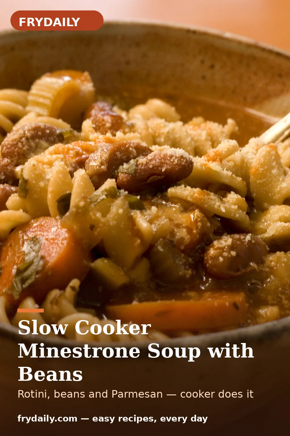 Pinterest pin: Slow Cooker Minestrone Soup with Beans recipe from FryDaily
