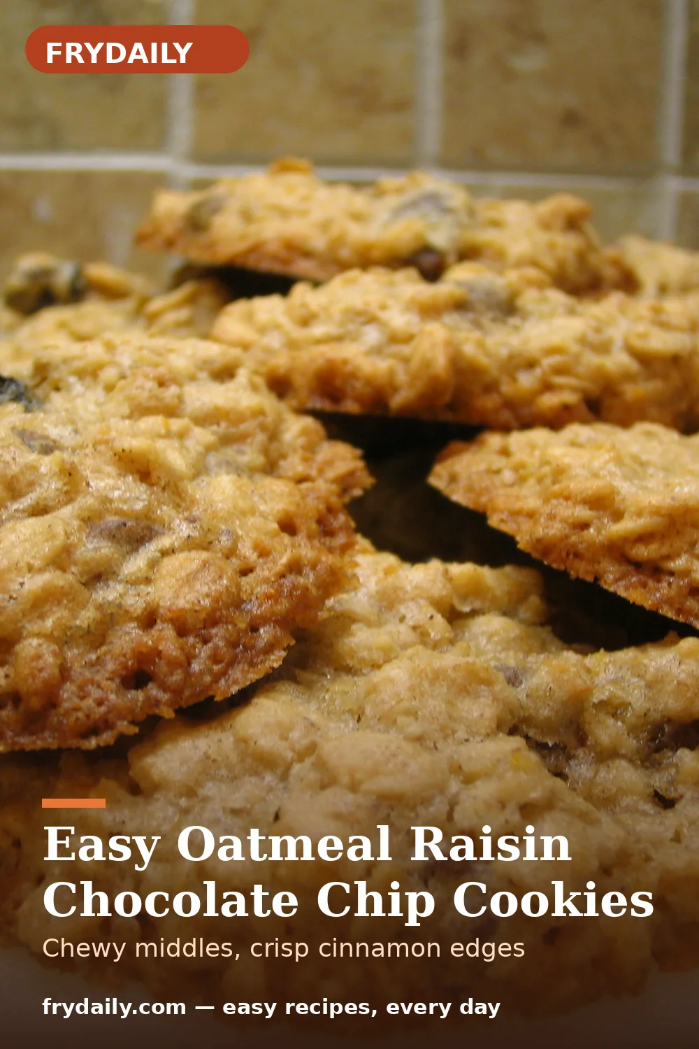 Pinterest pin: Easy Oatmeal Raisin Chocolate Chip Cookies recipe from FryDaily