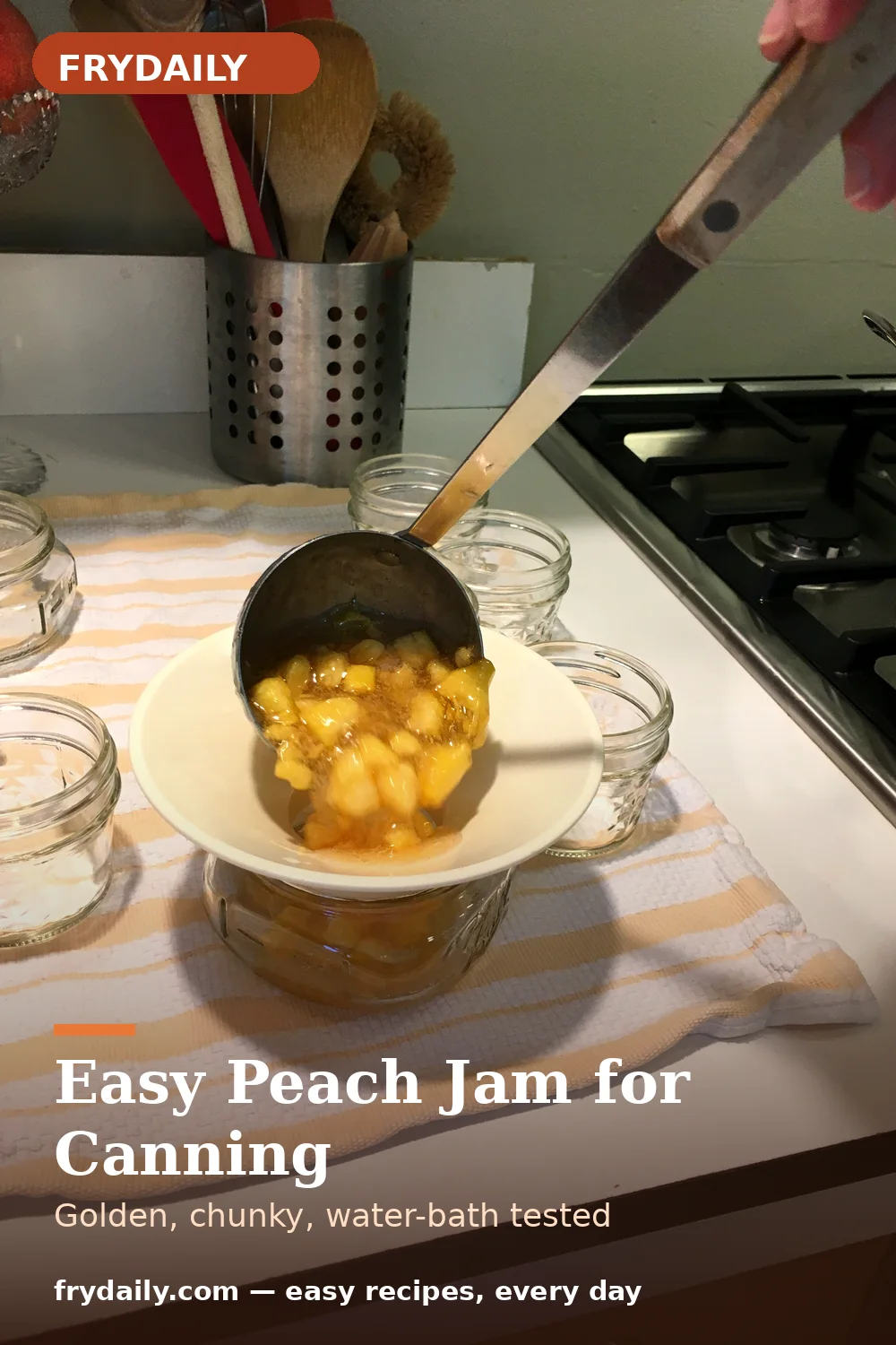 Pinterest pin: Easy Peach Jam for Canning recipe from FryDaily