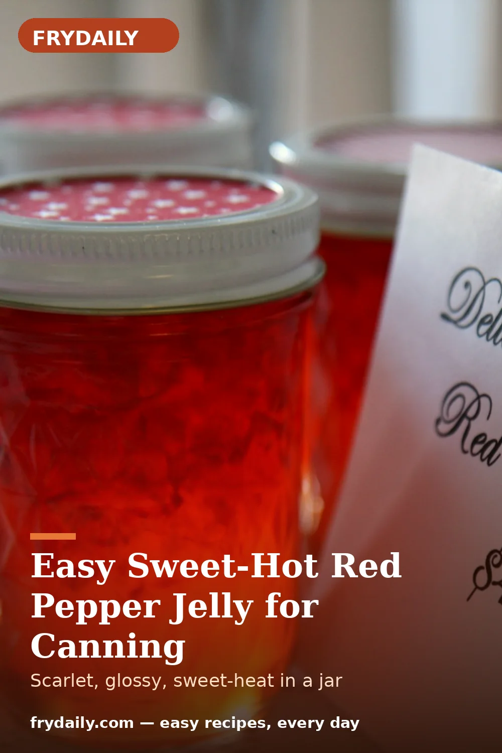 Pinterest pin: Easy Sweet-Hot Red Pepper Jelly for Canning recipe from FryDaily