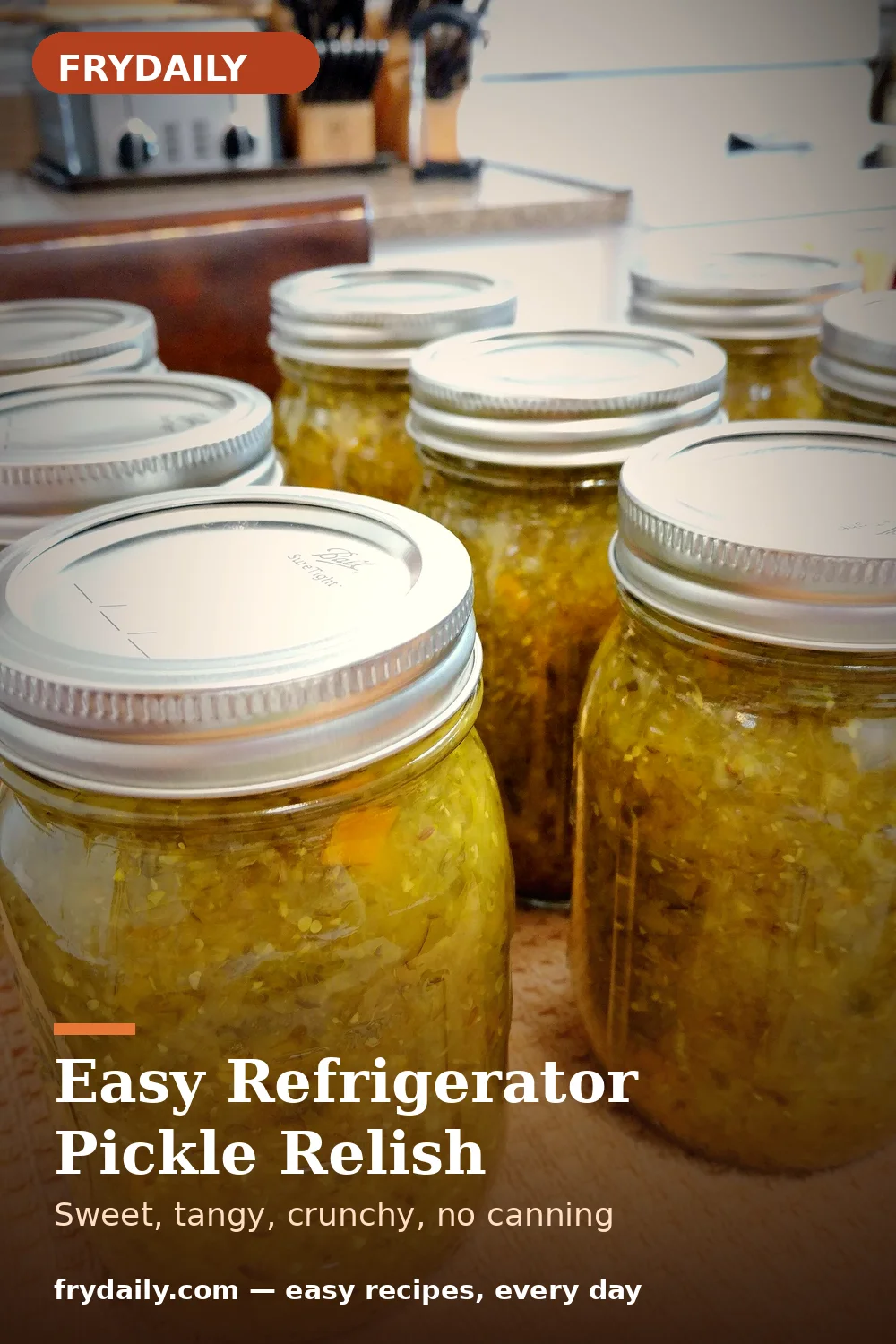 Pinterest pin: Easy Refrigerator Pickle Relish recipe from FryDaily