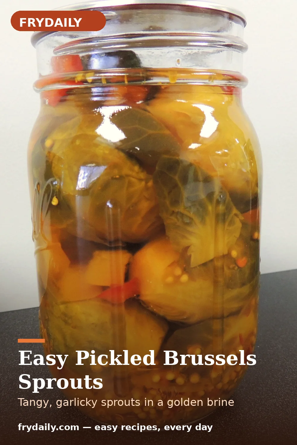 Pinterest pin: Easy Pickled Brussels Sprouts recipe from FryDaily