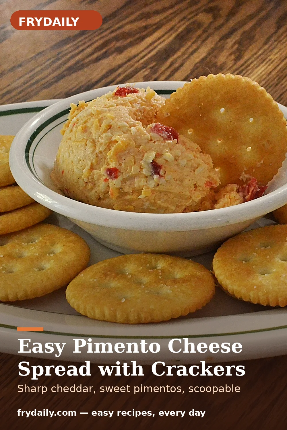 Pinterest pin: Easy Pimento Cheese Spread with Crackers recipe from FryDaily