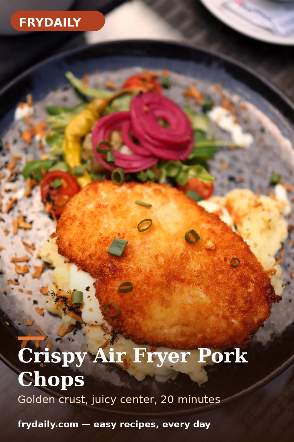 Pinterest pin: Crispy Air Fryer Pork Chops recipe from FryDaily