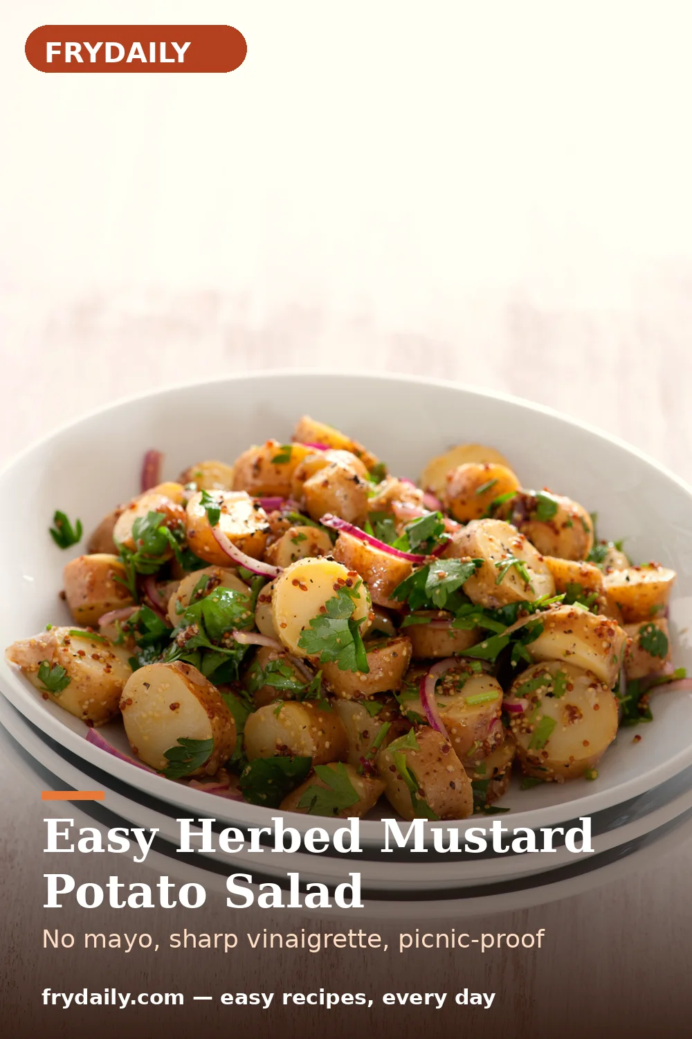 Pinterest pin: Easy Herbed Mustard Potato Salad recipe from FryDaily