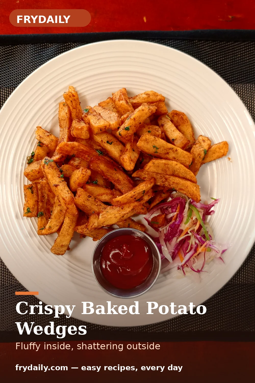 Pinterest pin: Crispy Baked Potato Wedges recipe from FryDaily