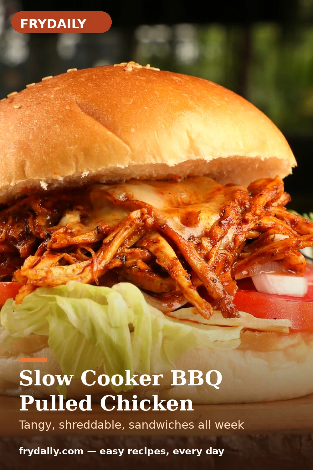 Pinterest pin: Slow Cooker BBQ Pulled Chicken recipe from FryDaily