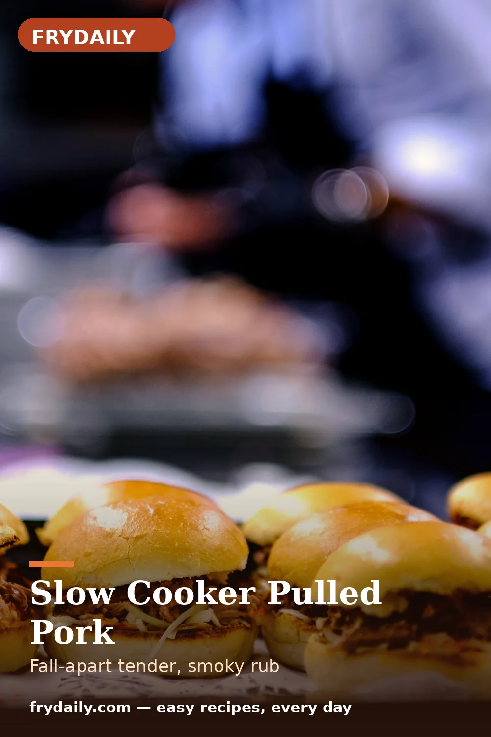 Pinterest pin: Slow Cooker Pulled Pork recipe from FryDaily