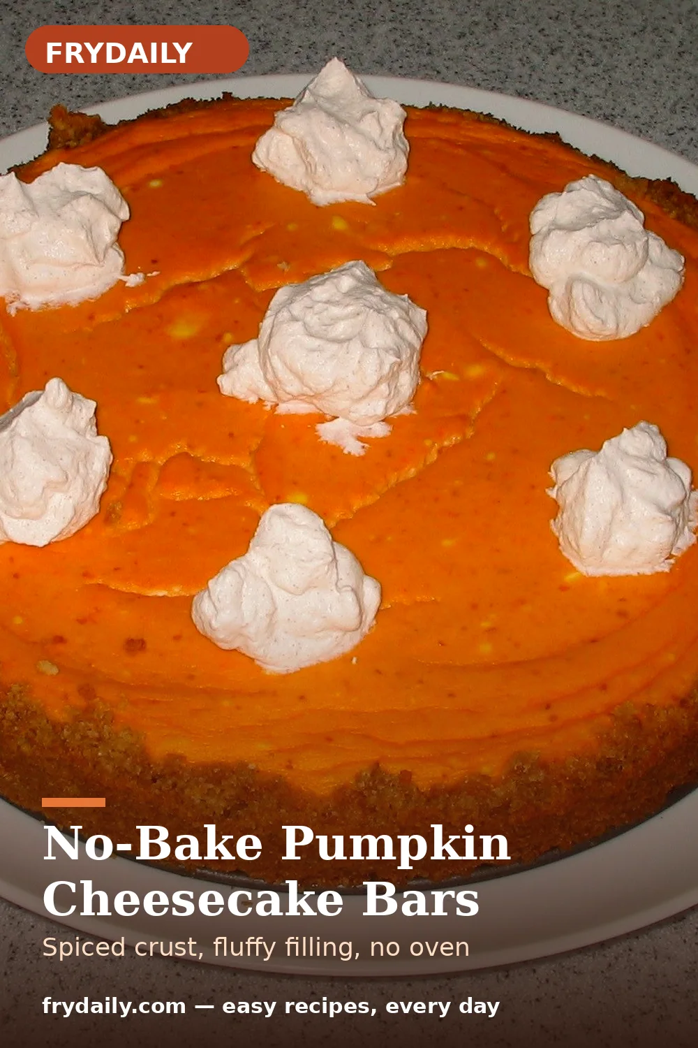 Pinterest pin: No-Bake Pumpkin Cheesecake Bars recipe from FryDaily