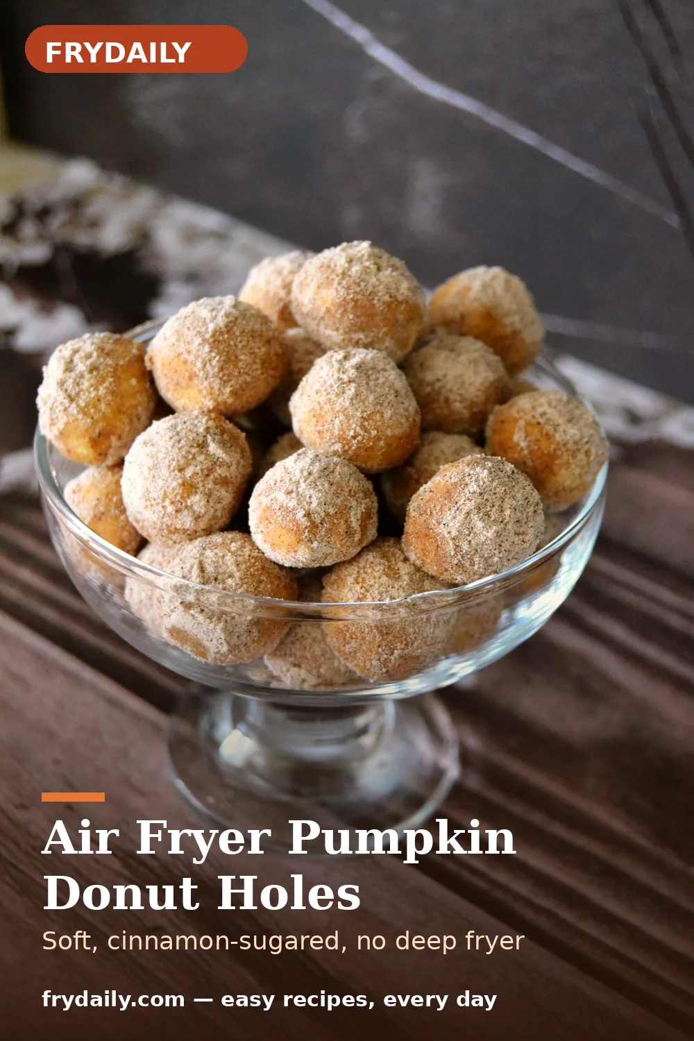 Pinterest pin: Air Fryer Pumpkin Donut Holes recipe from FryDaily