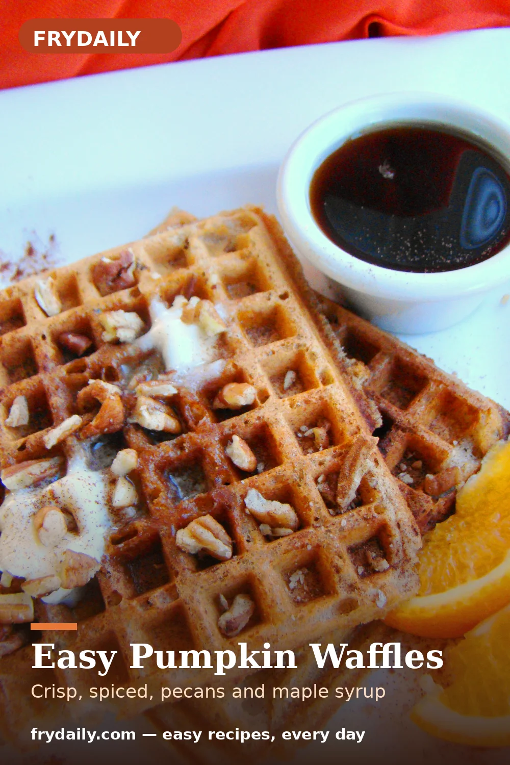 Pinterest pin: Easy Pumpkin Waffles recipe from FryDaily