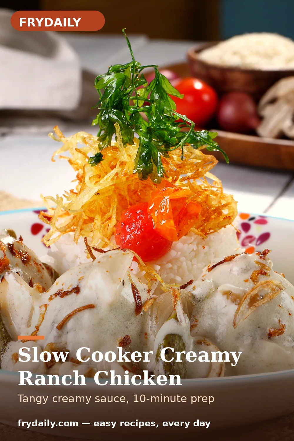 Pinterest pin: Slow Cooker Creamy Ranch Chicken recipe from FryDaily