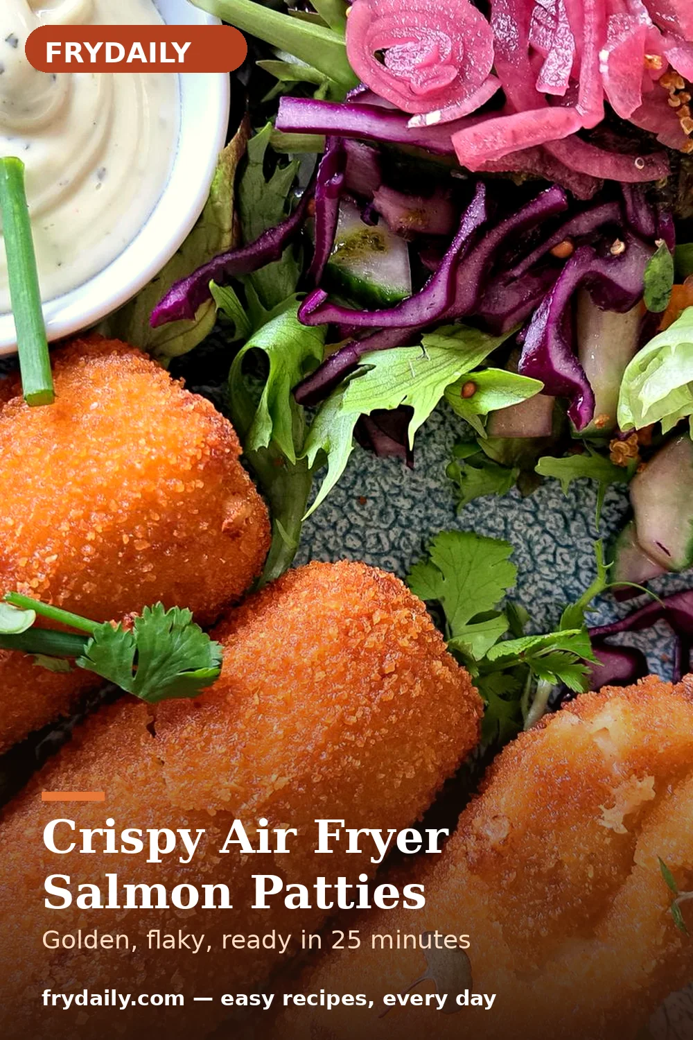 Pinterest pin: Crispy Air Fryer Salmon Patties recipe from FryDaily