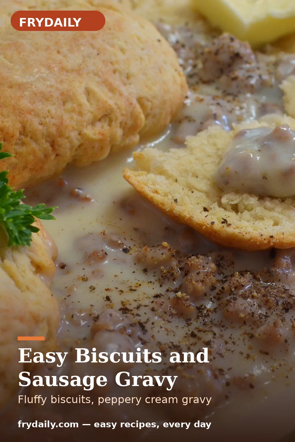 Pinterest pin: Easy Biscuits and Sausage Gravy recipe from FryDaily