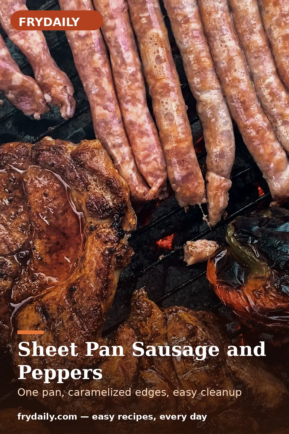 Pinterest pin: Sheet Pan Sausage and Peppers recipe from FryDaily