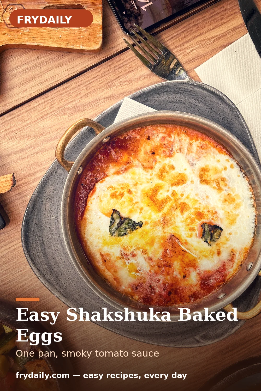 Pinterest pin: Easy Shakshuka Baked Eggs recipe from FryDaily