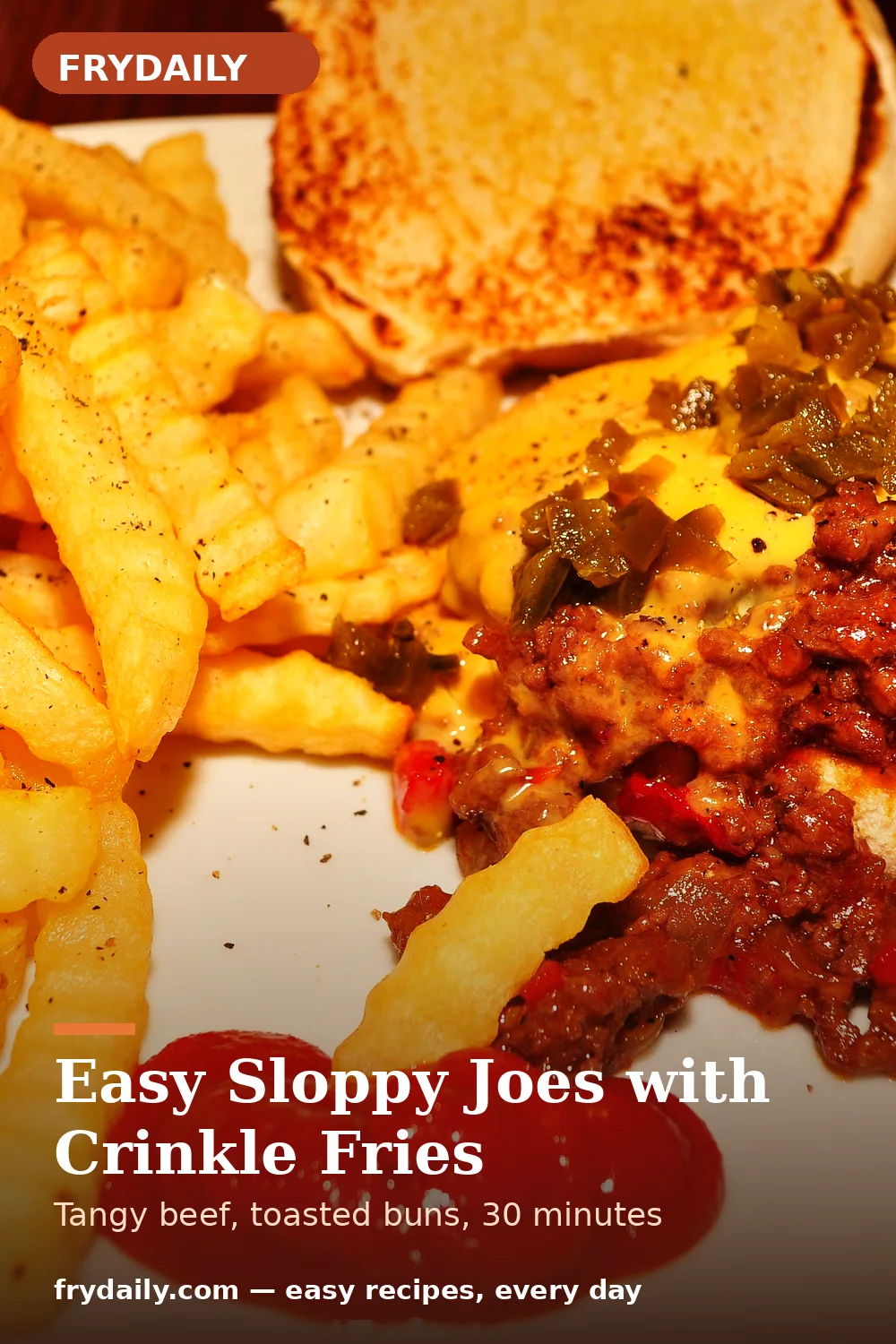 Pinterest pin: Easy Sloppy Joes with Crinkle Fries recipe from FryDaily