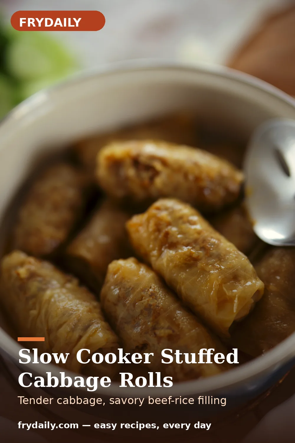 Pinterest pin: Slow Cooker Stuffed Cabbage Rolls recipe from FryDaily