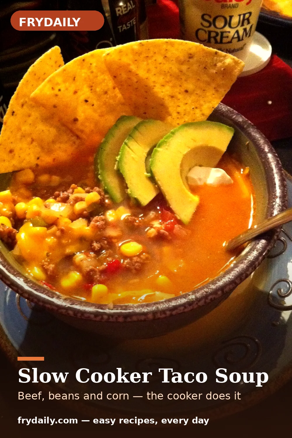 Pinterest pin: Slow Cooker Taco Soup recipe from FryDaily