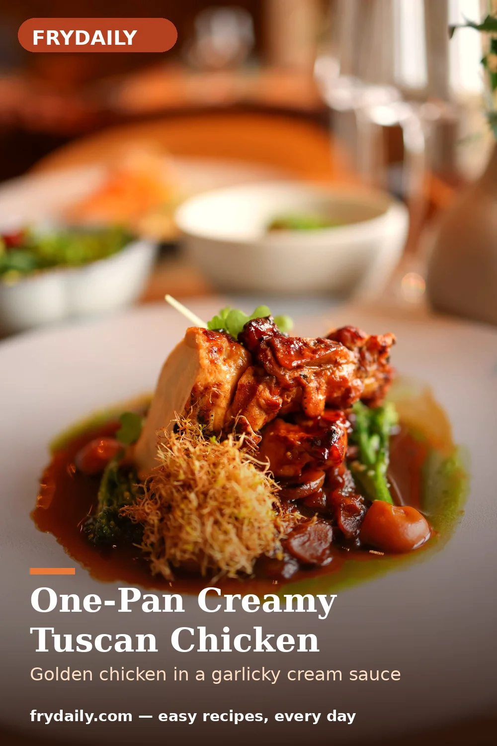 Pinterest pin: One-Pan Creamy Tuscan Chicken recipe from FryDaily