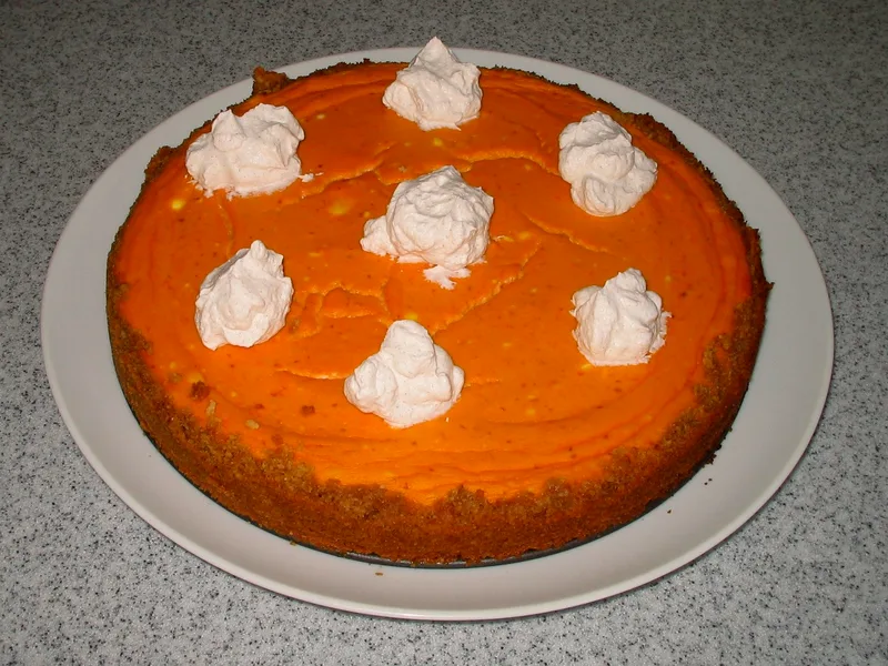 No-bake pumpkin cheesecake bars with spiced graham crust and whipped cream on top