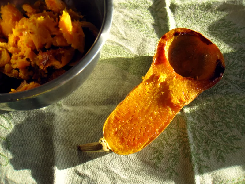Roasted butternut squash half beside a bowl of scooped roasted squash on a cloth